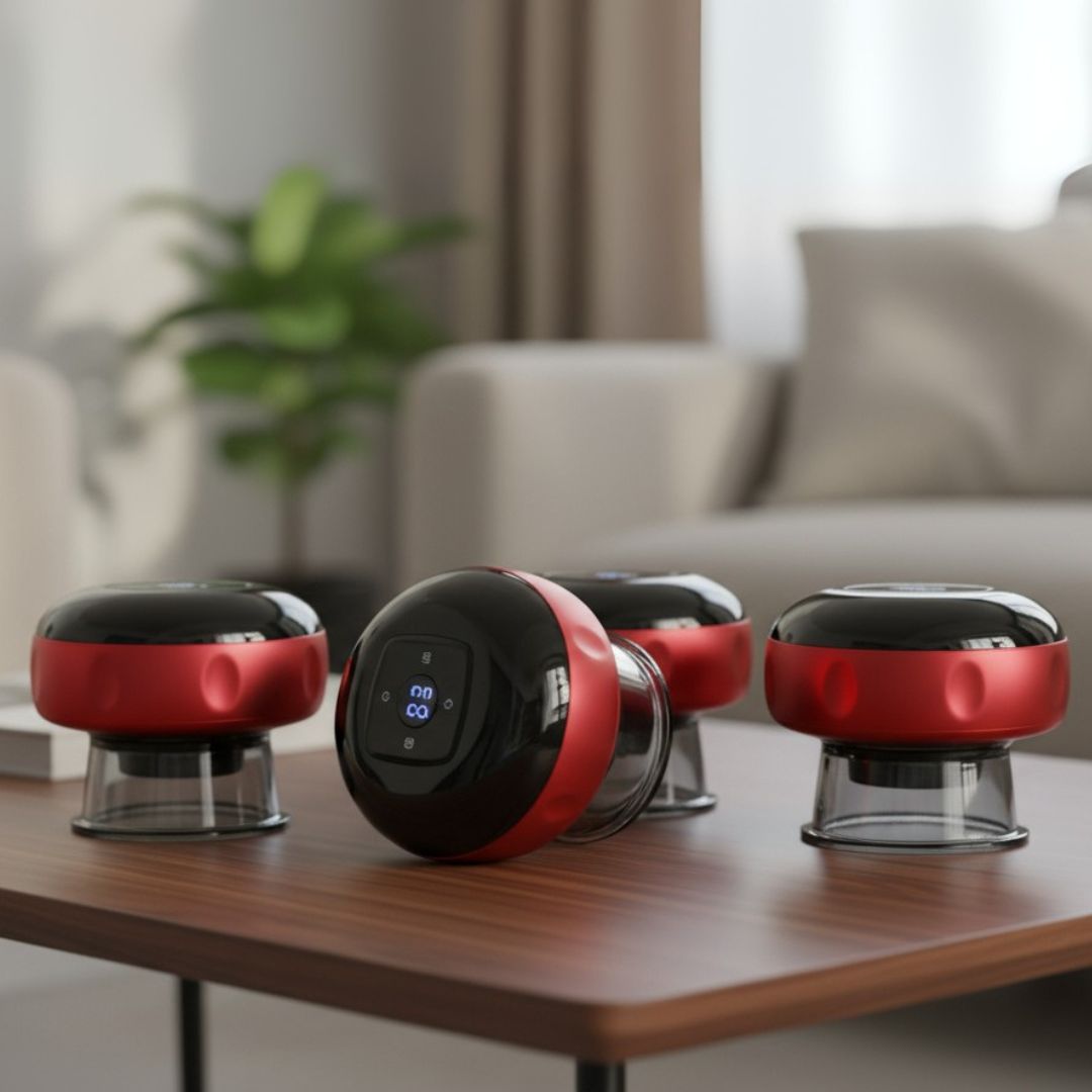 Red and black electronic massage devices on a wooden table in a living room.