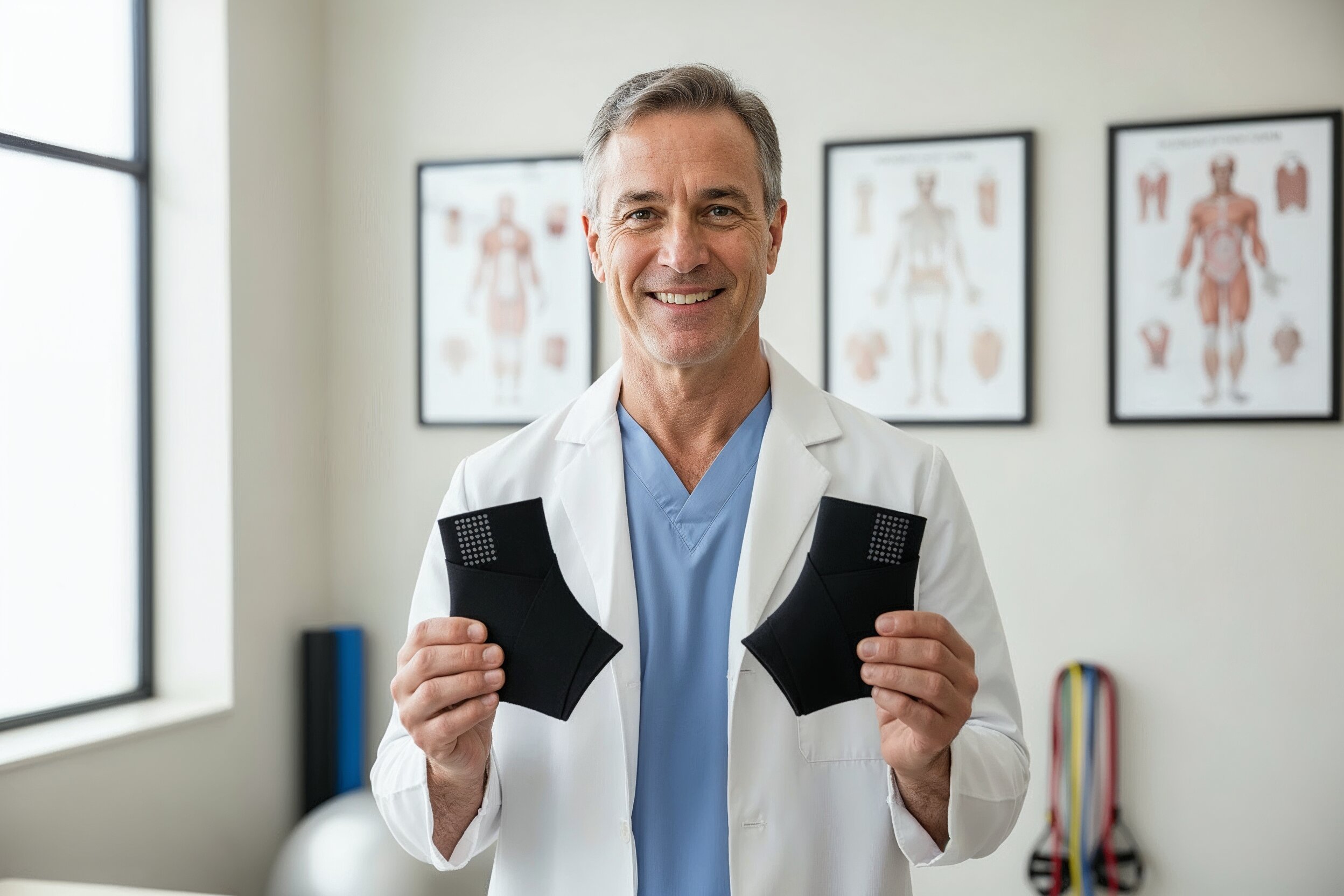 Doctor holding two black orthopedic braces, anatomical charts in background.