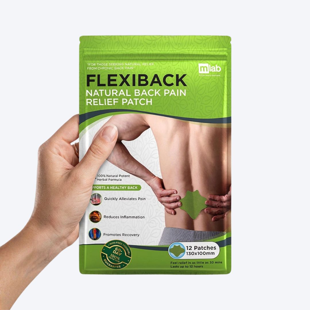 A hand holds a package of Flexiback Natural Back Pain Relief Patches against a white background.