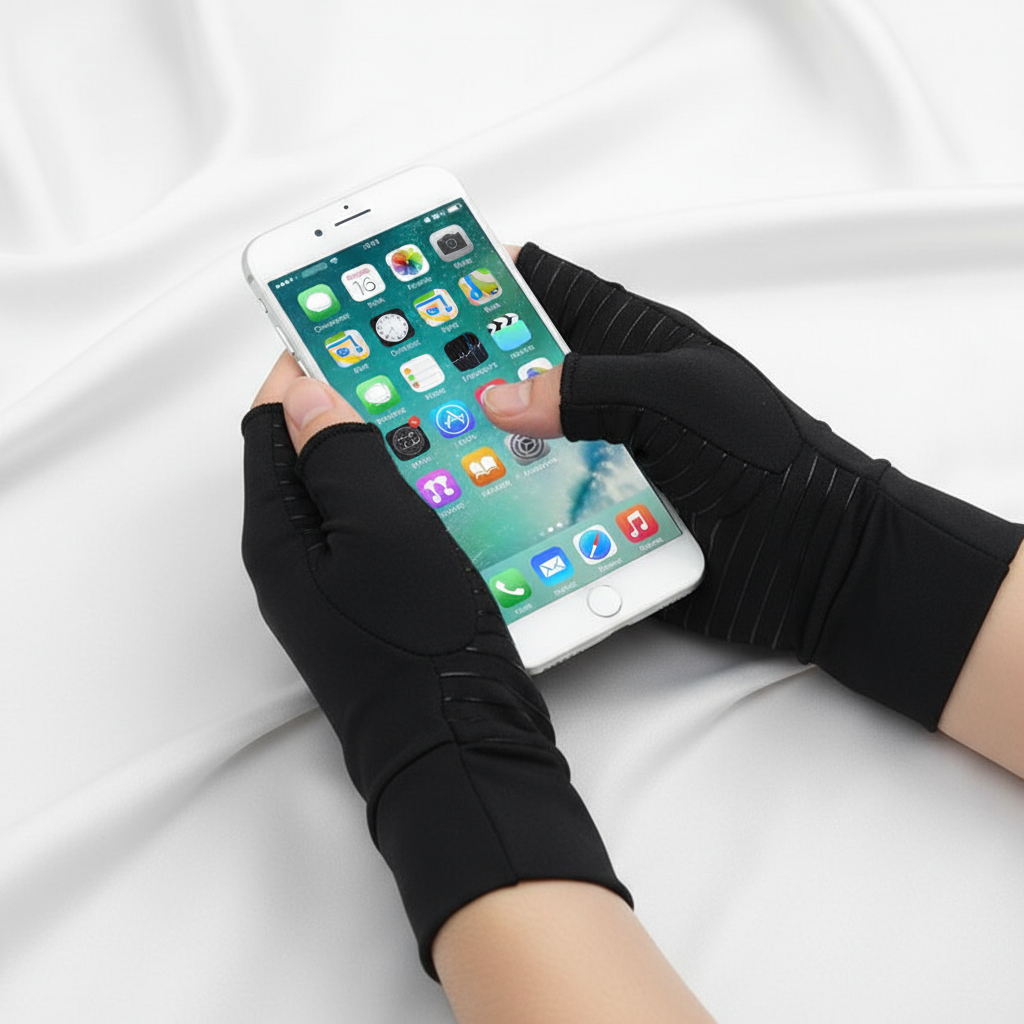 Person using smartphone wearing fingerless black gloves.