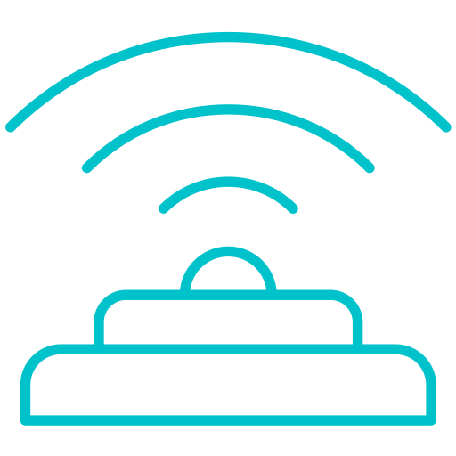 Blue icon of a button with radiating signal waves.