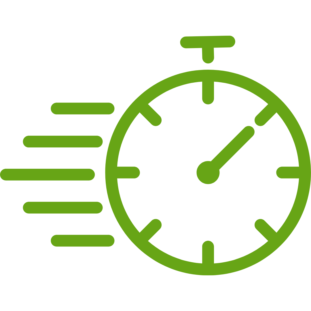 Green stopwatch icon with motion lines.