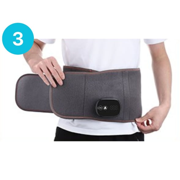 Person wearing a gray abdominal belt with a control panel.