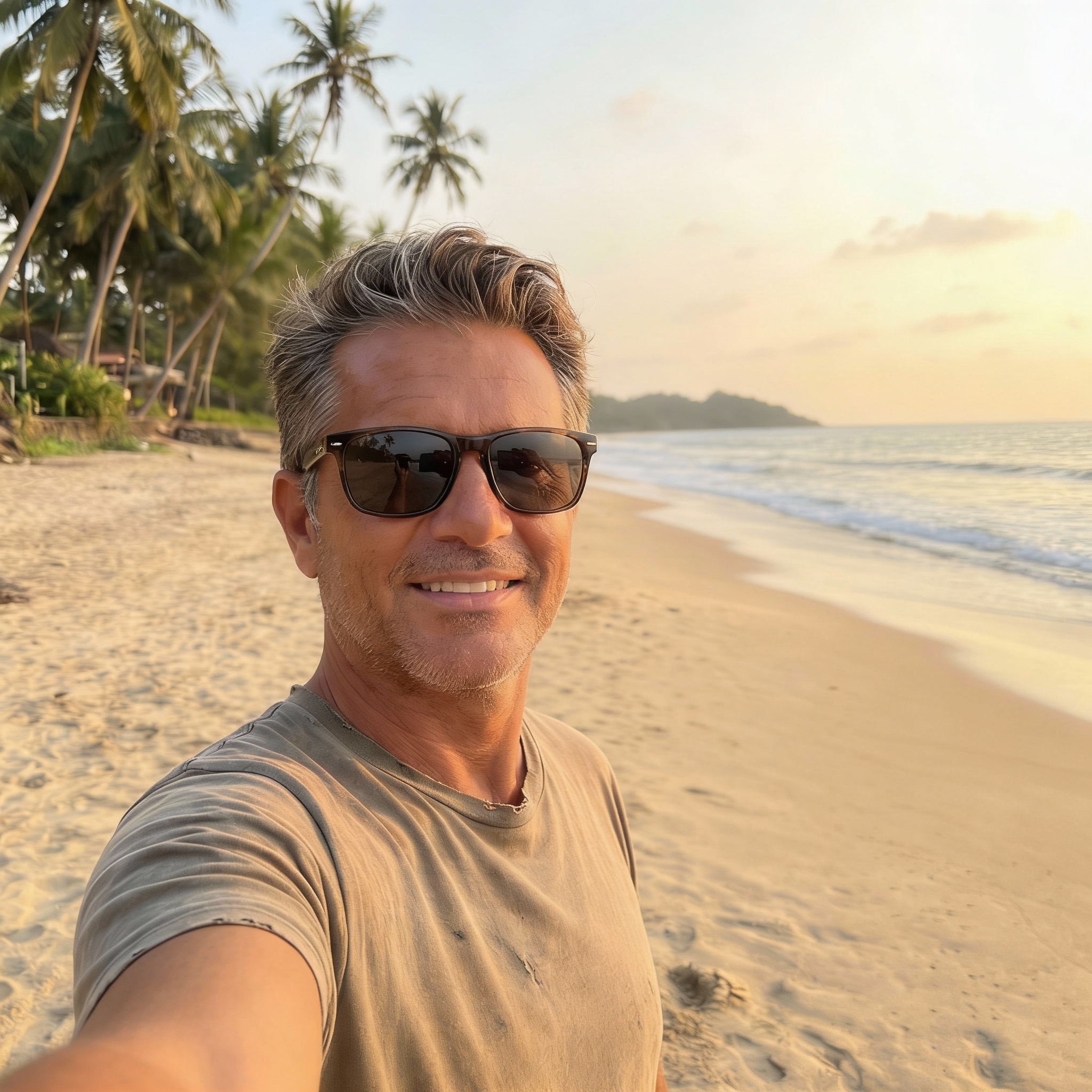 A man with sunglasses takes a selfie on a sandy beach lined with palm trees at sunset.