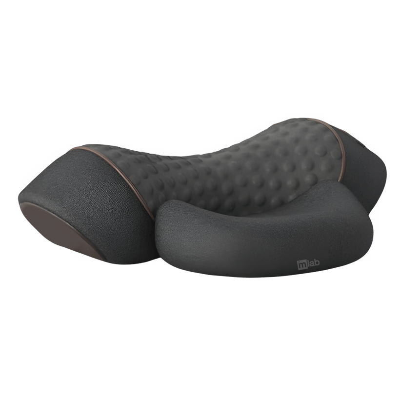 Ergonomically designed black neck pillow with textured surface on a light blue background.