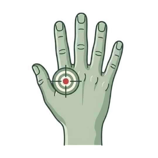 A cartoon illustration of a green hand with a red and white target on it.