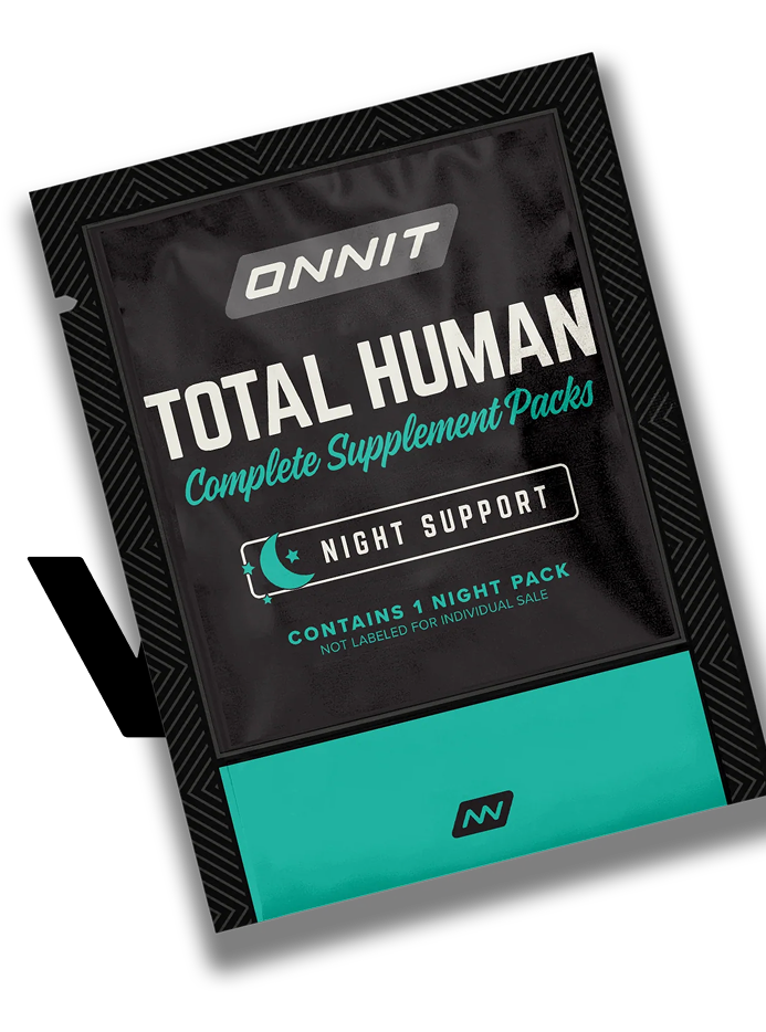A single black and teal packet of Onnit Total Human Night Support supplement against a white background.