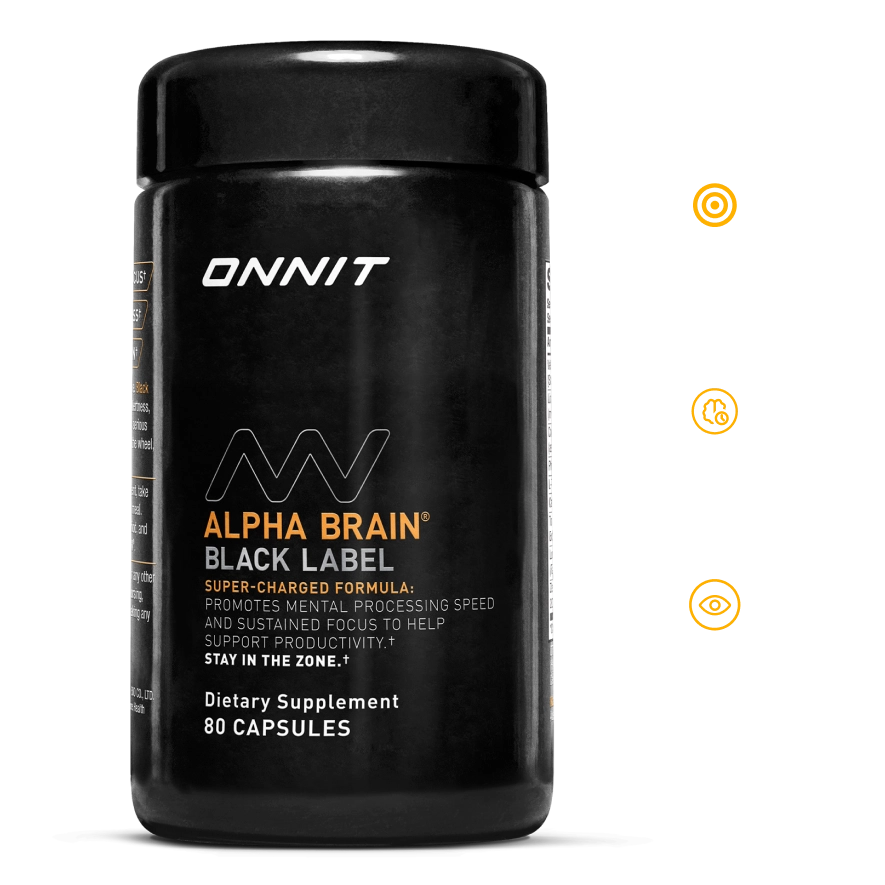 Black cylindrical bottle of Alpha BRAIN Black Label dietary supplement containing 80 capsules.