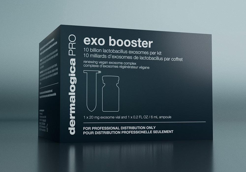 Box labeled 'exo booster' with product details and illustrations of vials.