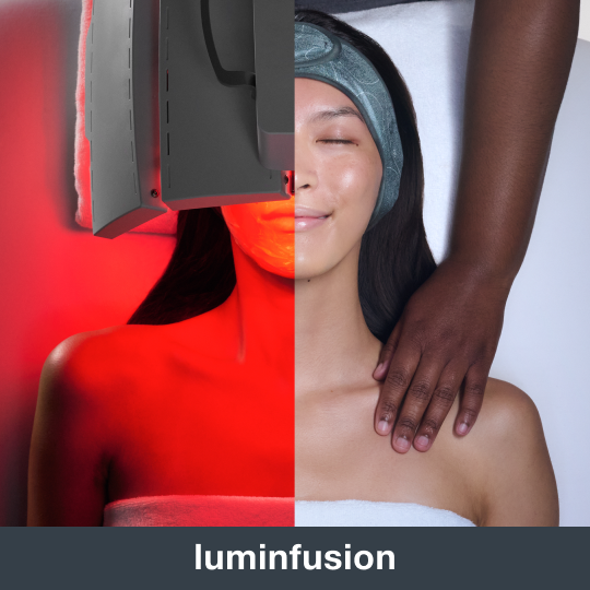 Split image of a woman under red light therapy and receiving a facial massage.