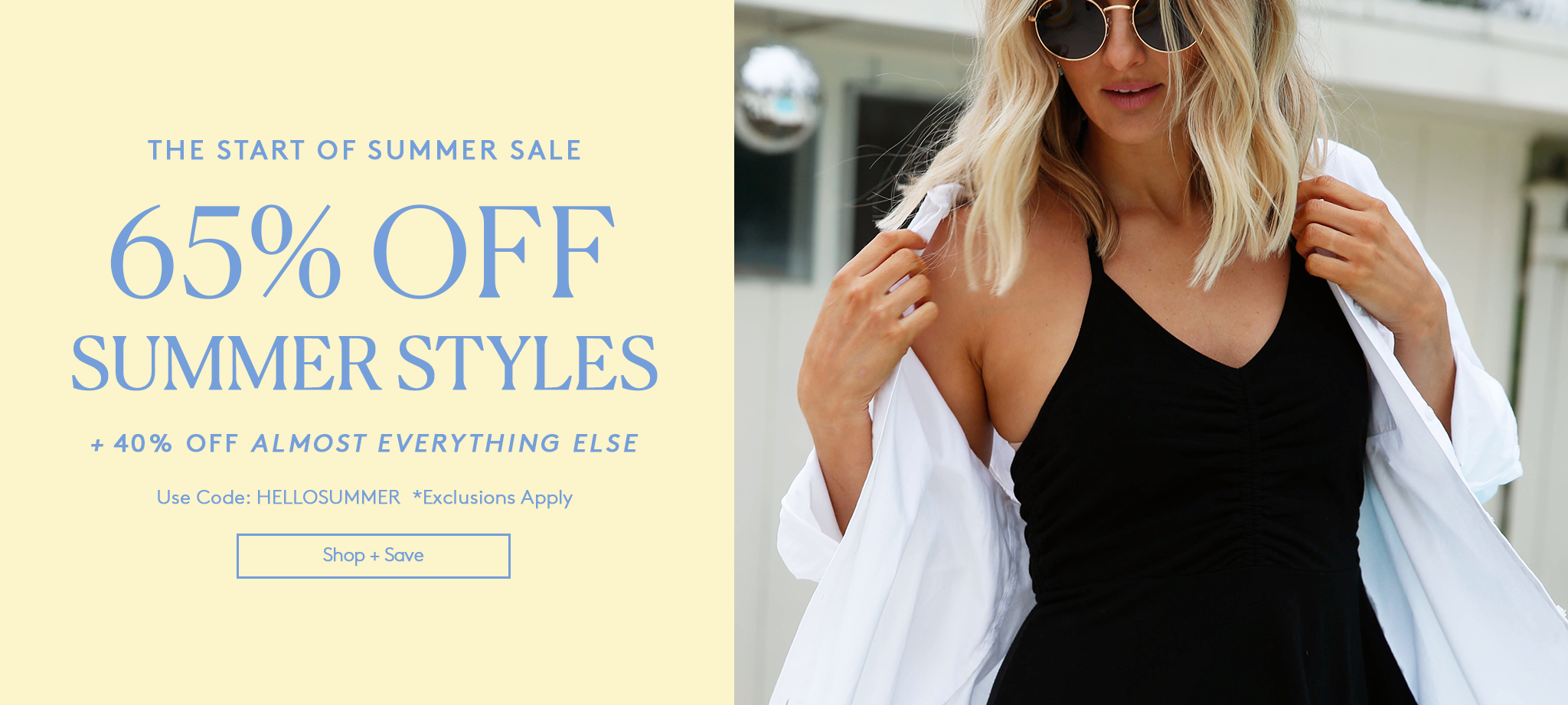 Summer sale advertisement with a woman in sunglasses and a black dress.