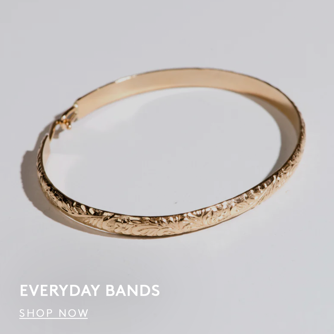 gold textured bracelet, text reads everyday bands, shop now button.