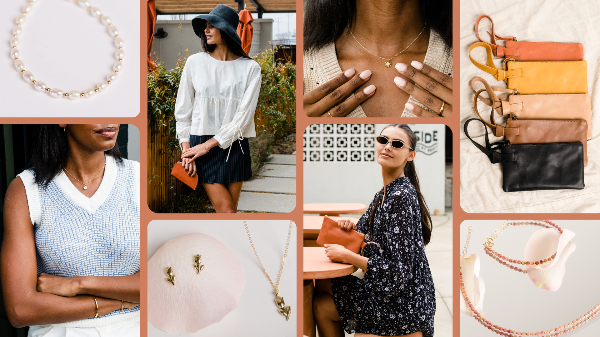 Fashion accessories and outfits collage featuring necklaces, handbags, and stylish clothing.