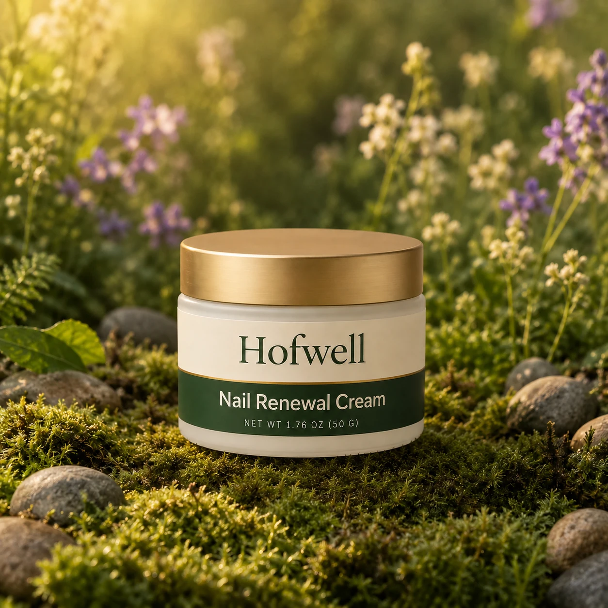 A jar of Hofwell Nail Renewal Cream sits on a bed of moss surrounded by rocks and wildflowers.