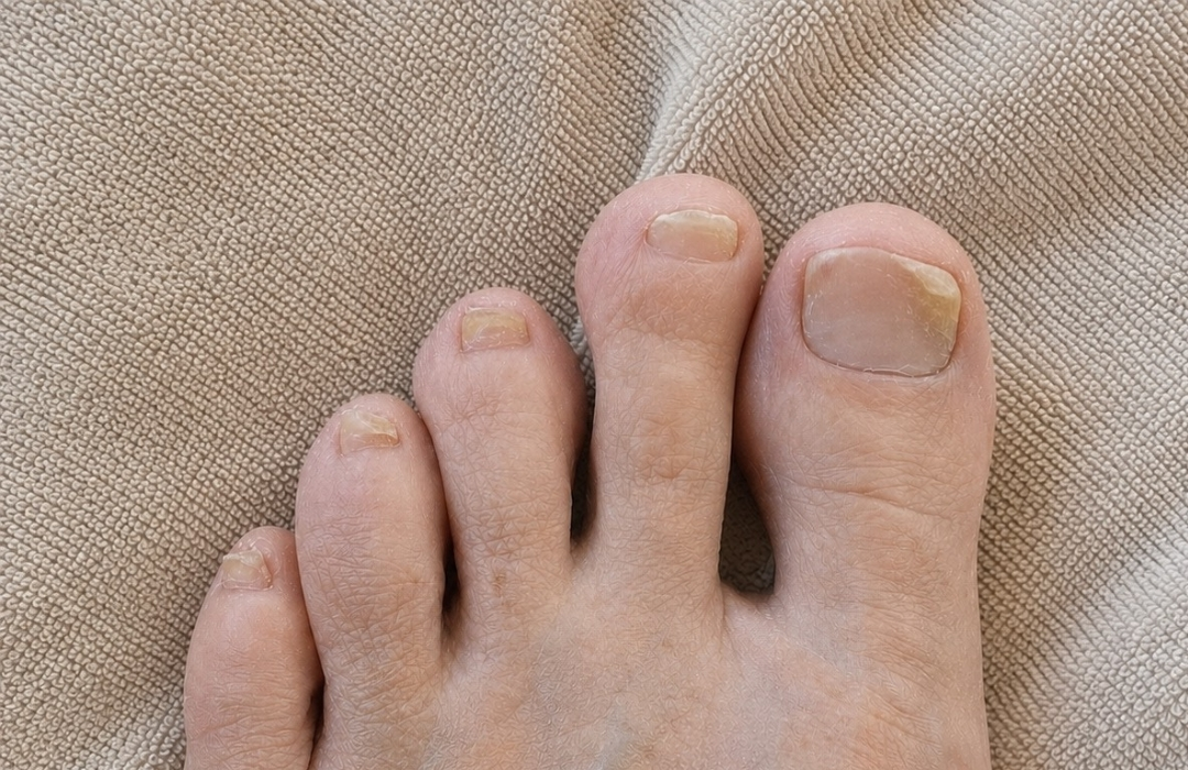 A close-up view of a person's toes with discolored and uneven toenails on a beige towel.