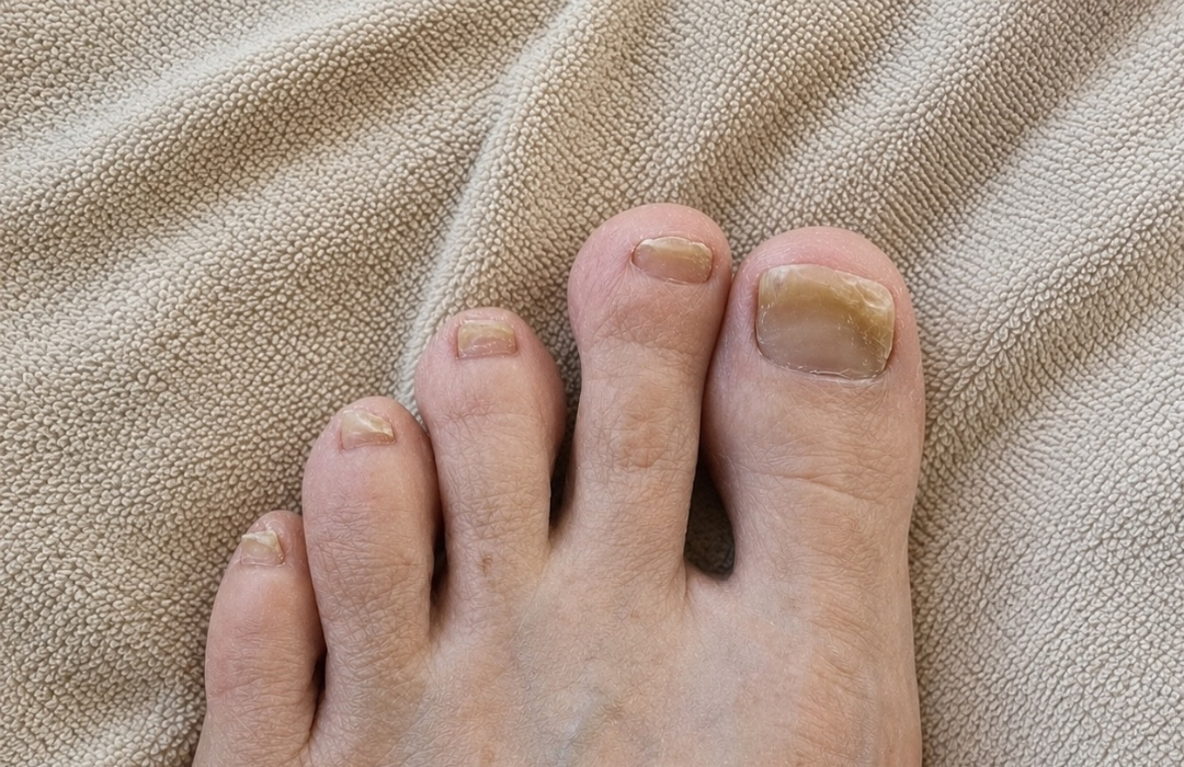 A close-up of a person's foot with discolored and thickened toenails on a beige towel.