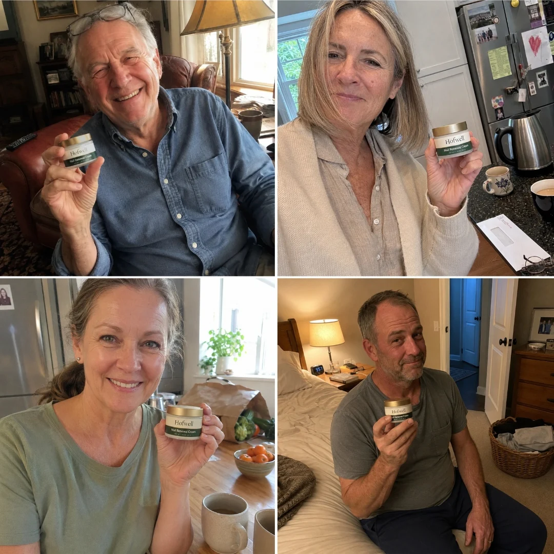 A collage of four photos of different people, each smiling and holding a small jar of cream.