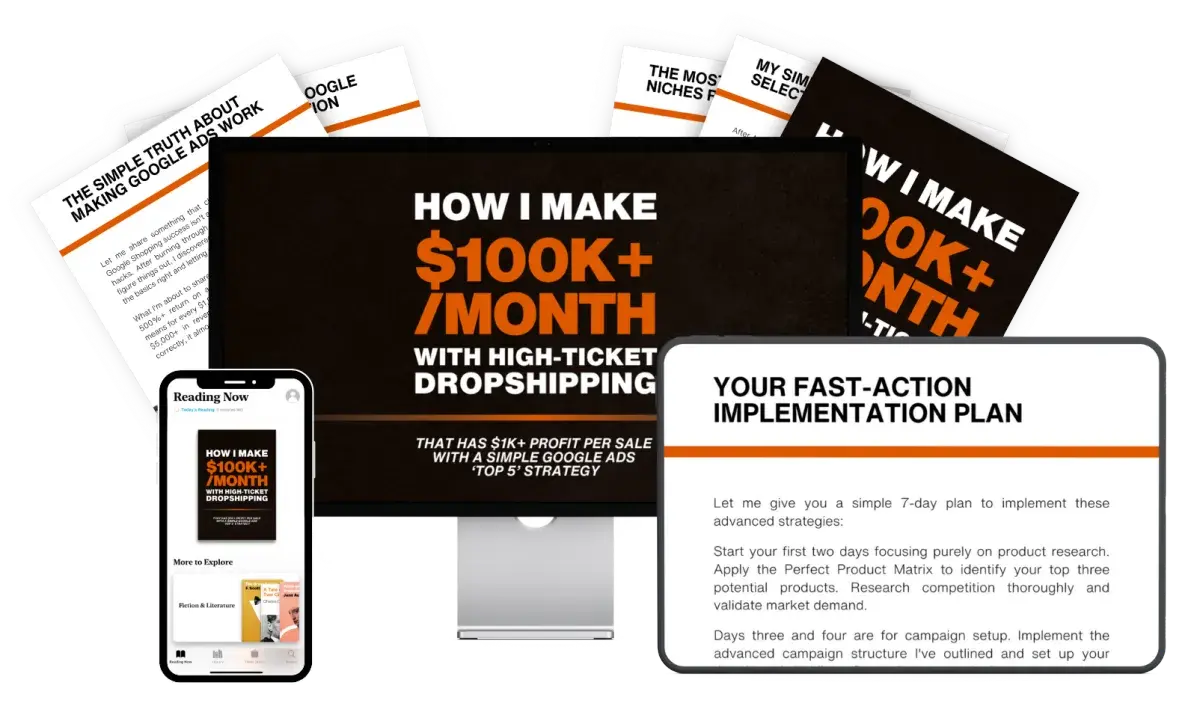 Digital marketing materials for high-ticket dropshipping strategies displayed on various devices.