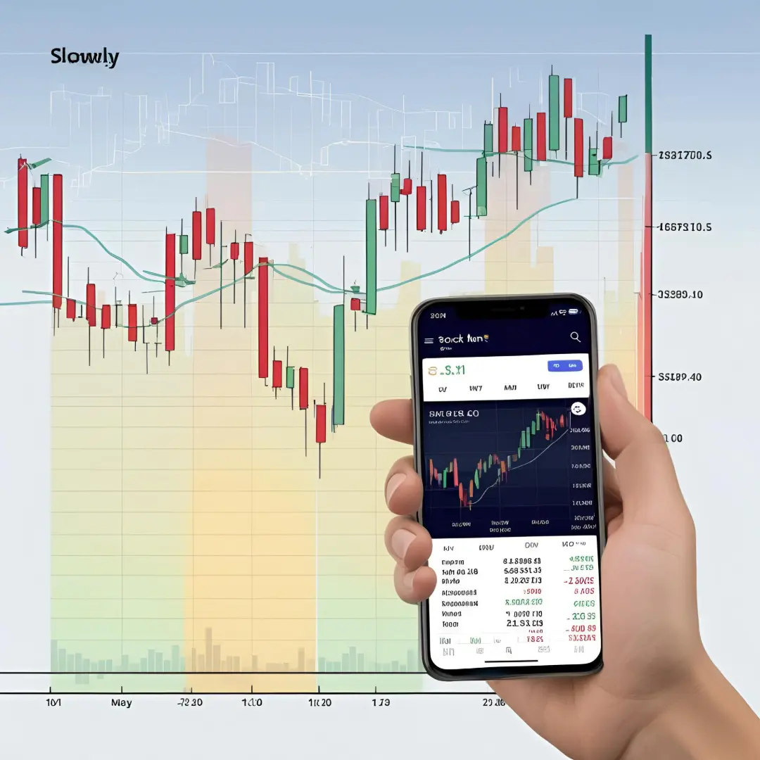 Hand holding a smartphone displaying stock market charts, with a larger chart in the background.