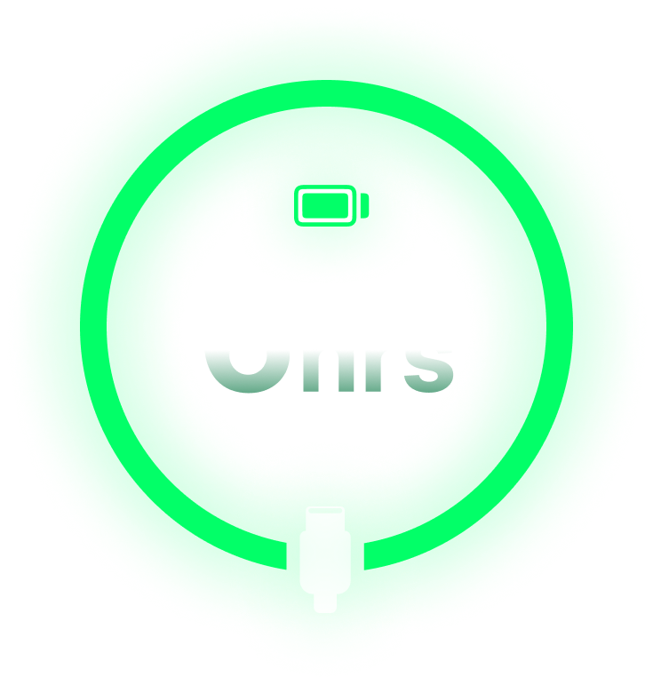 A glowing green circle with a battery icon, the text '6hrs', and a USB-C connector icon inside.