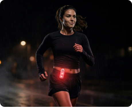 A woman wearing a red safety light on her hip runs on a dark, wet street at night.