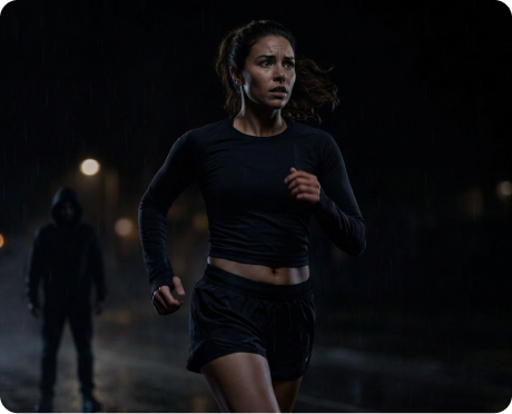 A woman running at night looks back with concern as a hooded figure stands in the background.