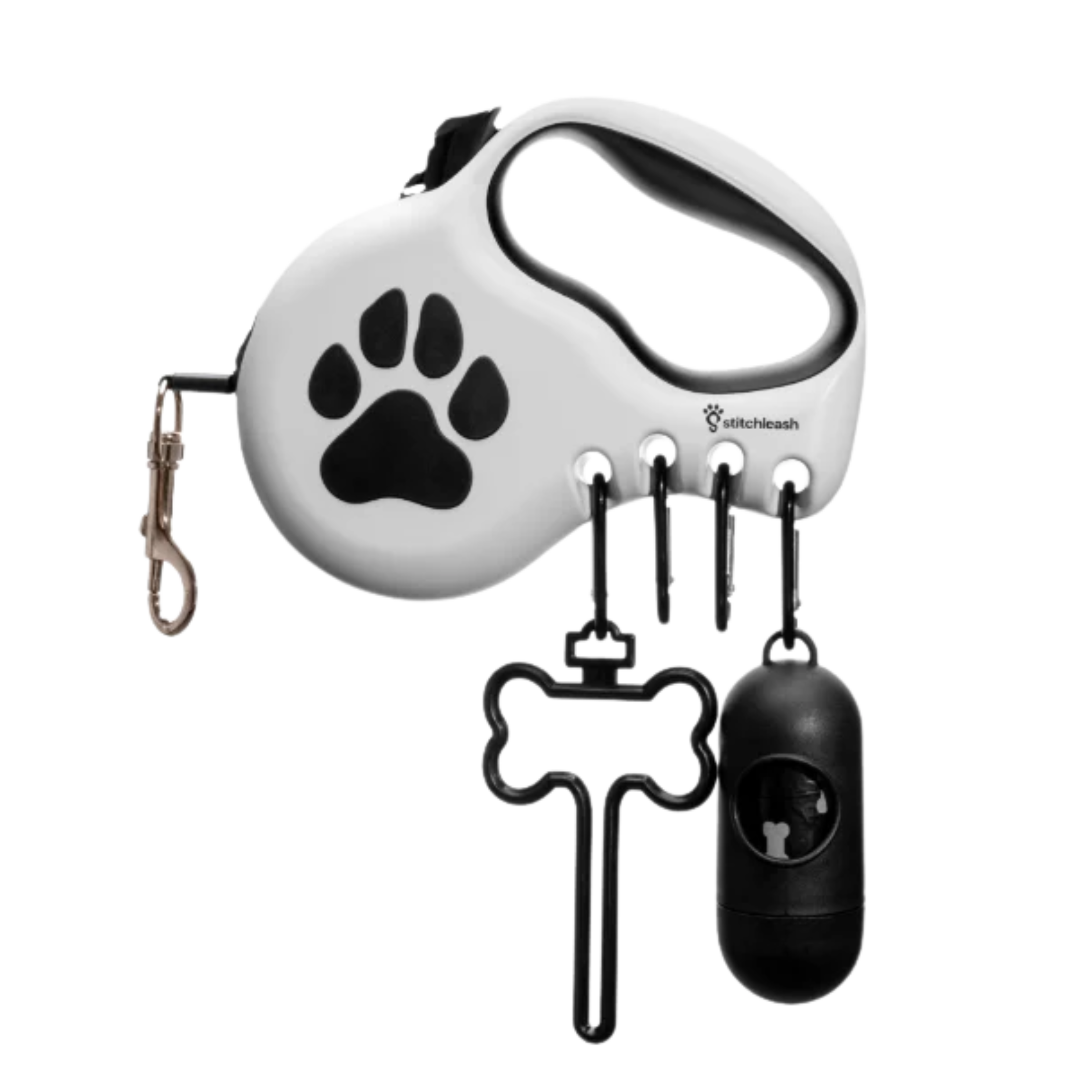 Dog leash with ergonomic grip, reflective tape, hooks, and waste bag dispenser.