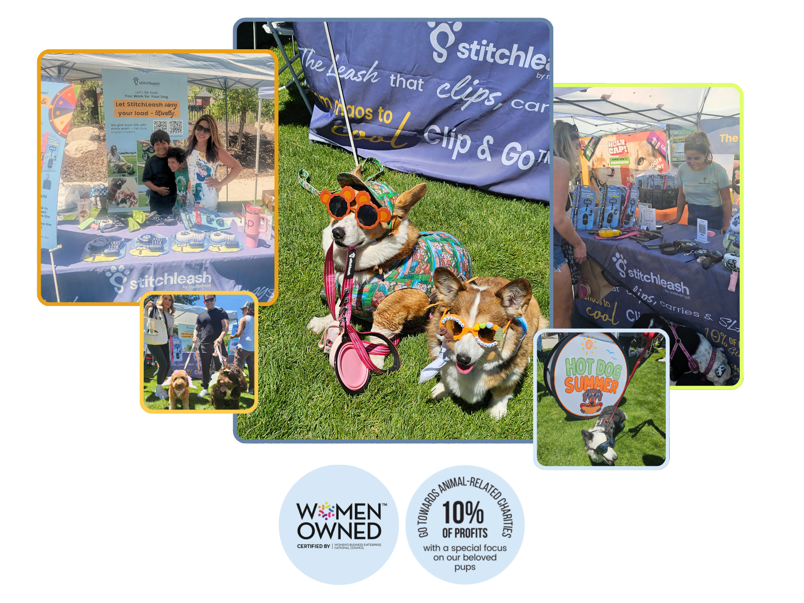 Multiple images of a pet-themed outdoor event with vendors, dogs, and promotional displays.