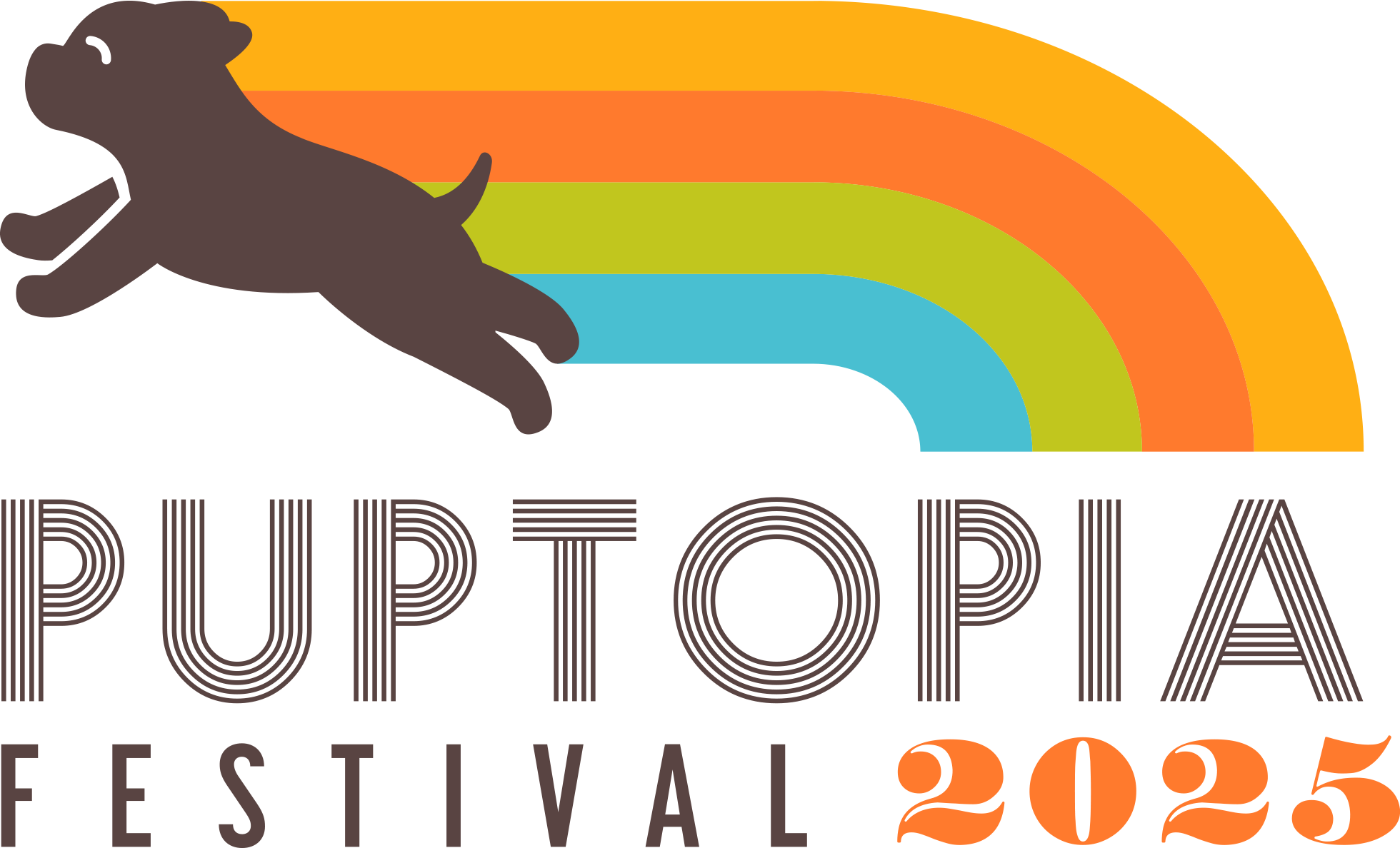 Silhouette of a jumping dog with rainbow and text 'Puptopia Festival 2025'.
