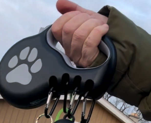Person holding a dog leash with a paw print design outdoors.