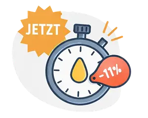 A cartoon stopwatch with a yellow starburst saying 'JETZT' and a red tag showing '-11%'.