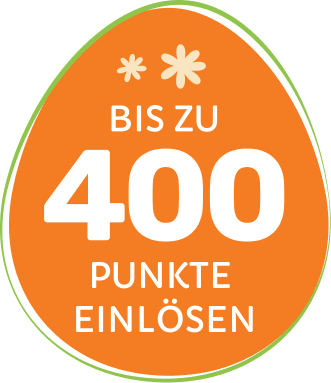 An orange and green badge with German text reading 'Bis zu 400 Punkte einlösen', meaning 'Redeem up to 400 points'.