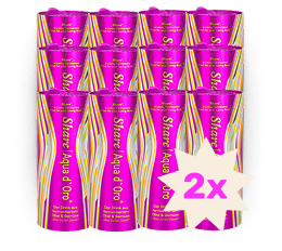 Pink and yellow striped tubes with 'Share Aqua d'Oro' and '2x' emblem.