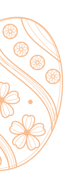 An orange line drawing of a decorated Easter egg with flowers and geometric patterns.