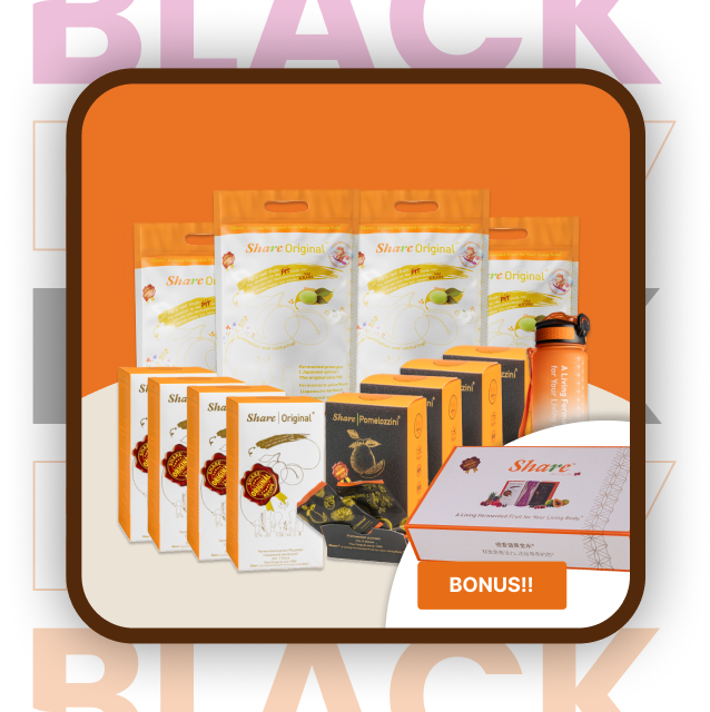 Woman smiling with Share Original snack products and promotional labels.