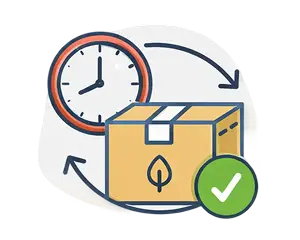 An illustration of a cardboard box, a clock, arrows, and a green checkmark in a circle.