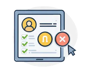 An illustration of a user profile on a tablet with a checklist and a cursor clicking a red X.