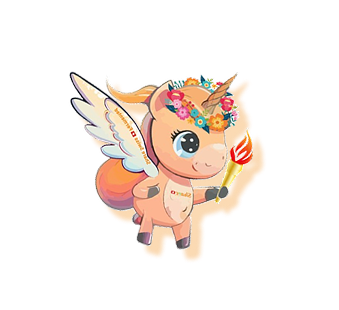 Cartoon unicorn with wings, flower crown, and holding a red trident.