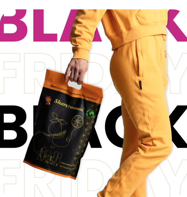 Person in orange outfit holding a black shopping bag with text 'BLACK FRIDAY' in the background.