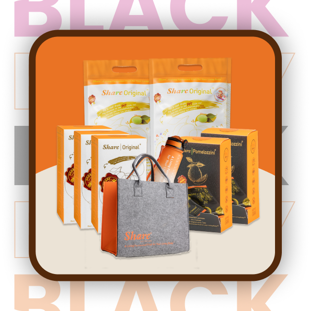 Woman smiling with Share Original snack products and promotional labels.