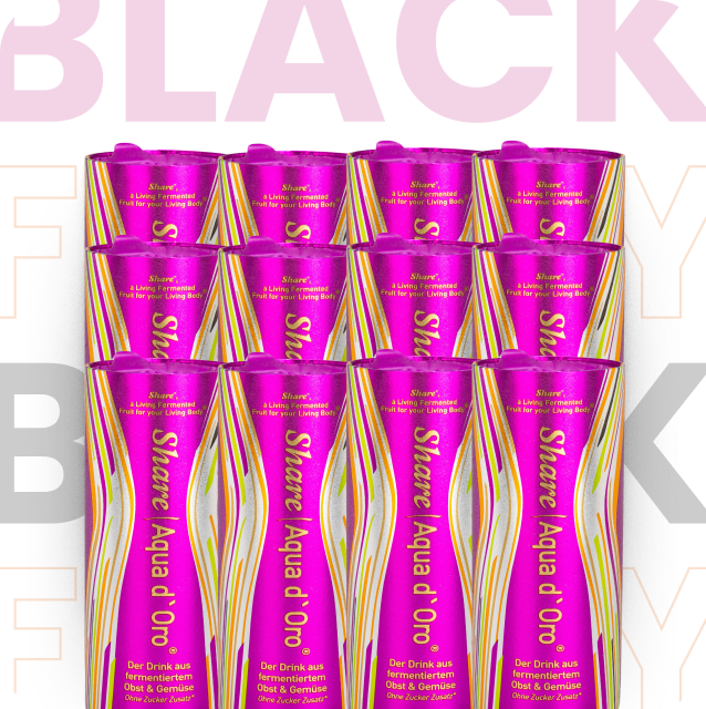 Woman smiling with Share Original snack products and promotional labels.