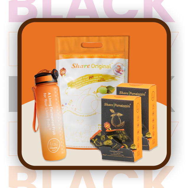 Woman smiling with Share Original snack products and promotional labels.