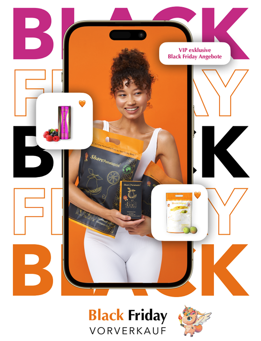 Smiling woman with products, Black Friday text, and promotional graphics on an orange background.