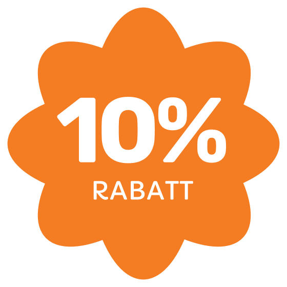 An orange starburst-shaped graphic with the text '10% RABATT' in white.