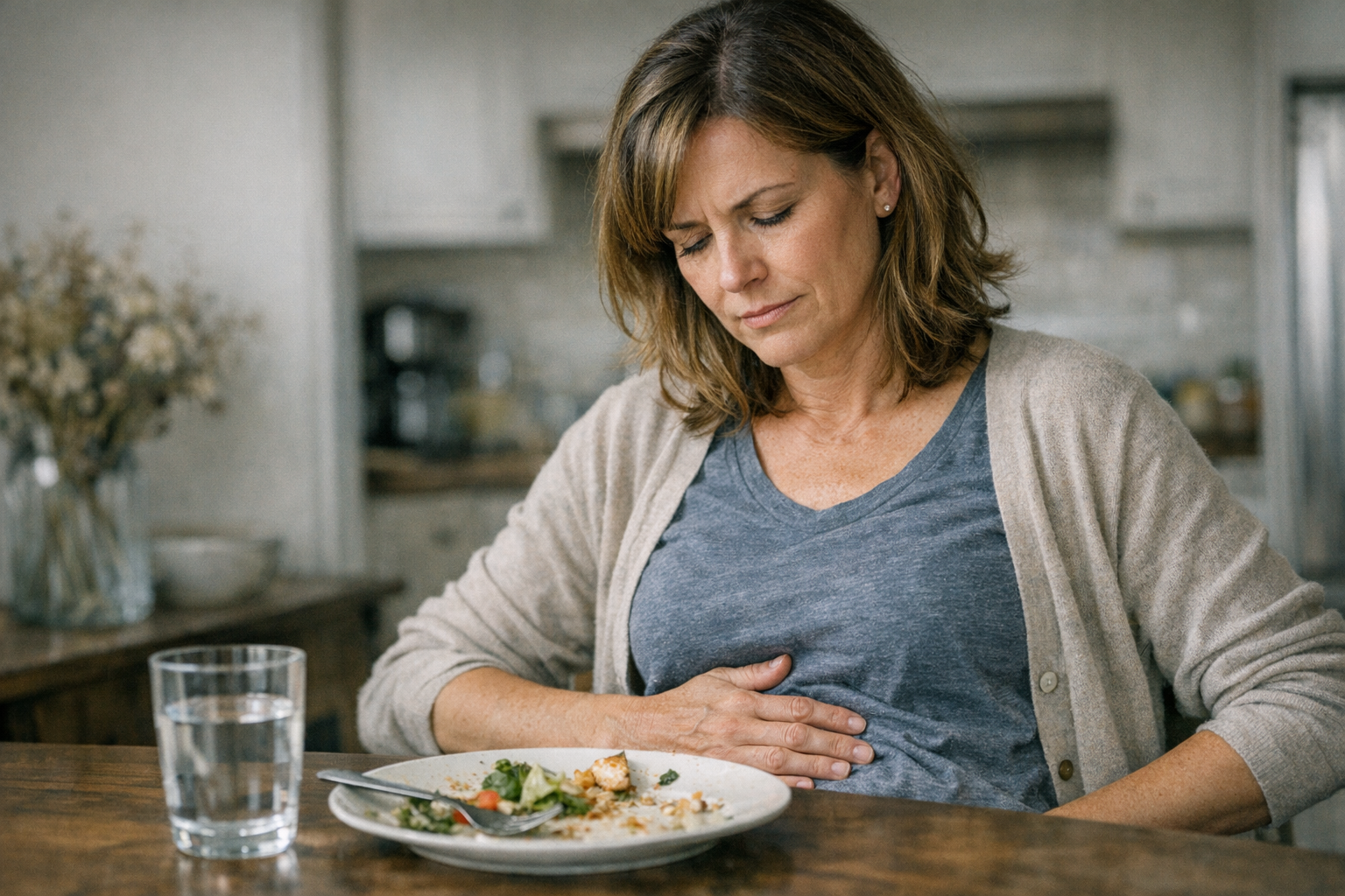 Woman experiencing bloating and discomfort after a meal