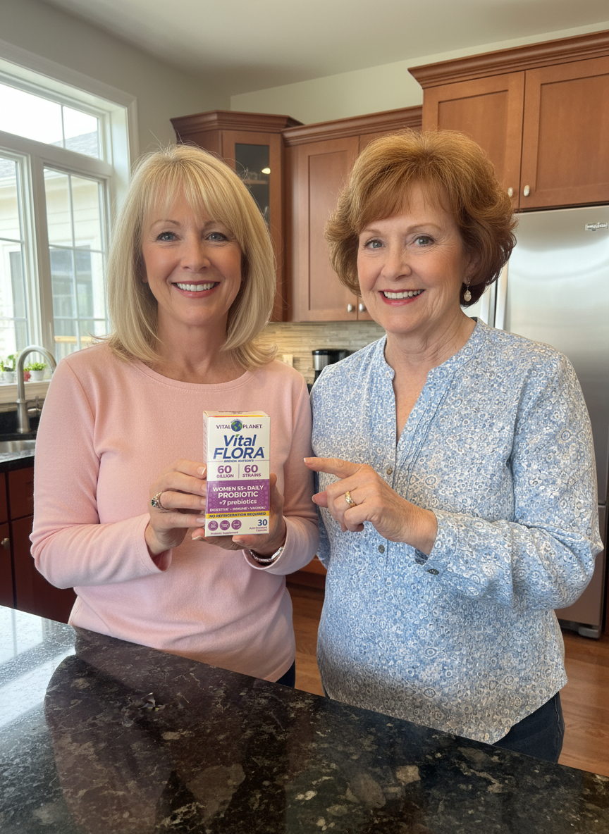 Two women in a kitchen holding a box of Vital Flora probiotic.
