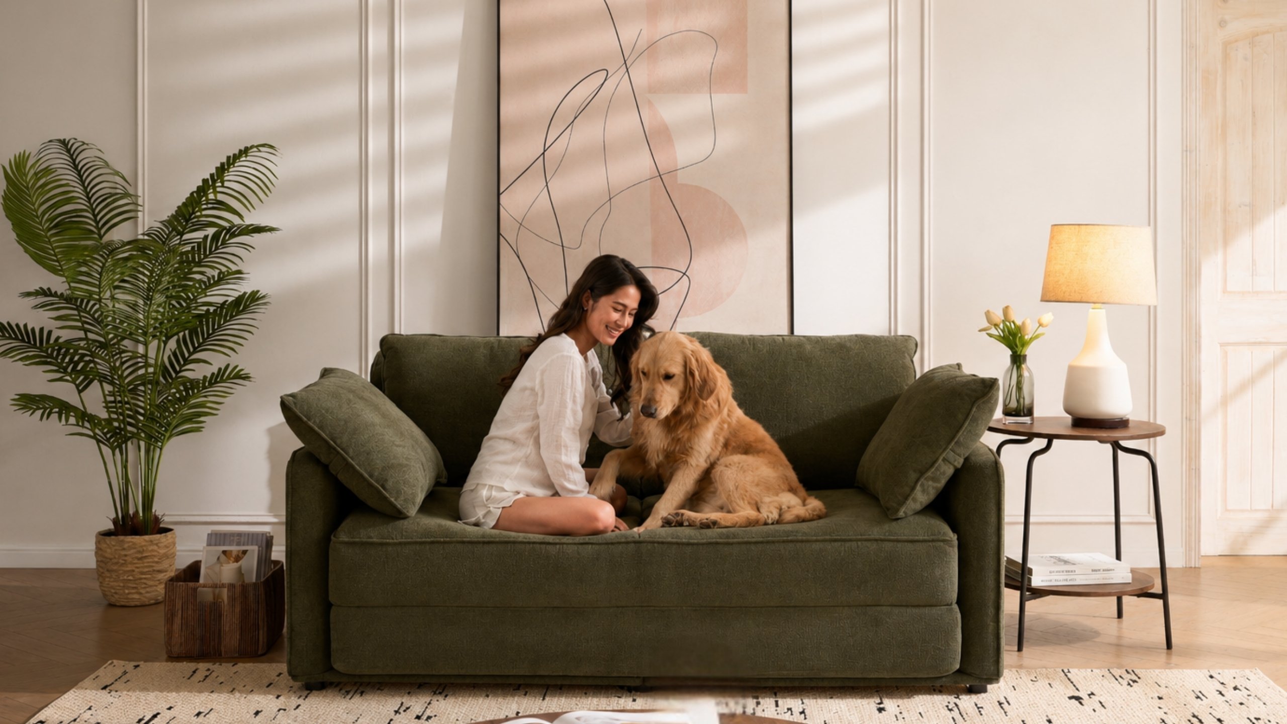 A woman sits on a green sofa in a living room, petting a golden retriever next to her.