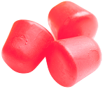 A close-up of three red, barrel-shaped gummy candies against a white background.