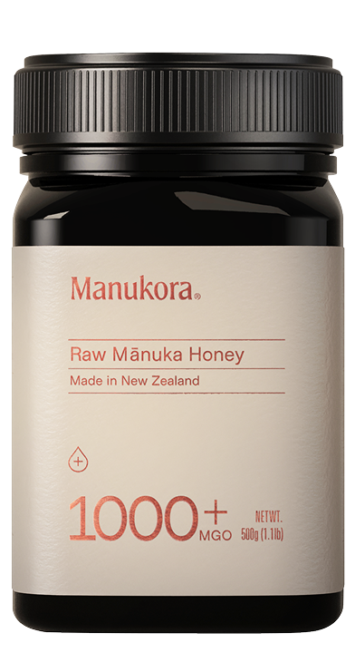Jar of Manukora Raw Mānuka Honey with 1000+ MGO label.