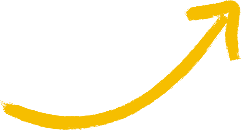A yellow, brushstroke-style arrow curving upwards and to the right against a white background.